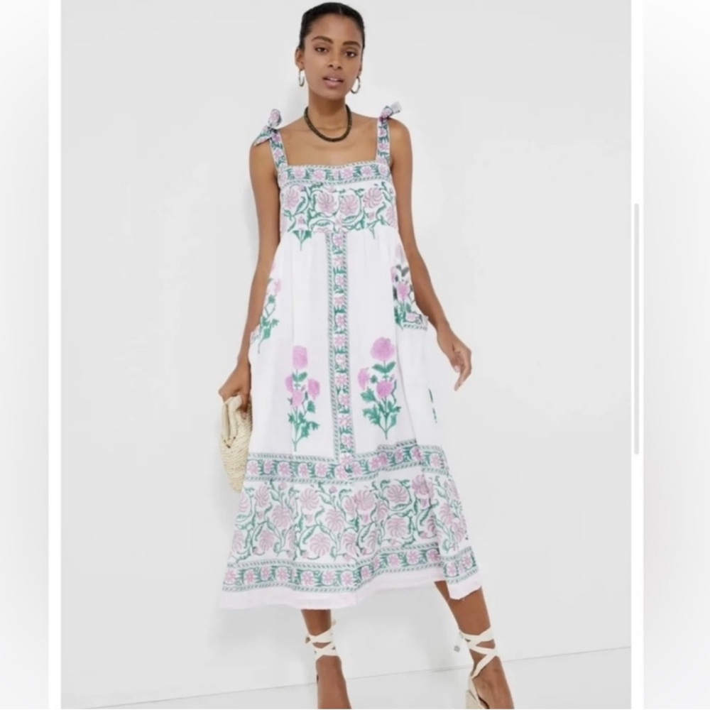 Juliet Dunn White Midi Dress with Pink & Green Floral Embroidery